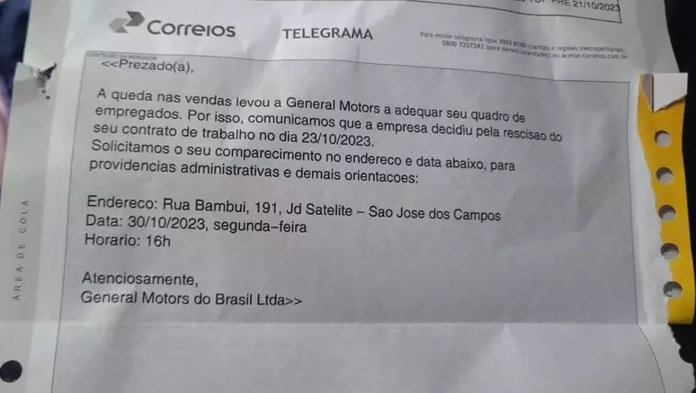 a foto mostra um telegrama que teria sido enviado pela GM aos funcionários demitidos