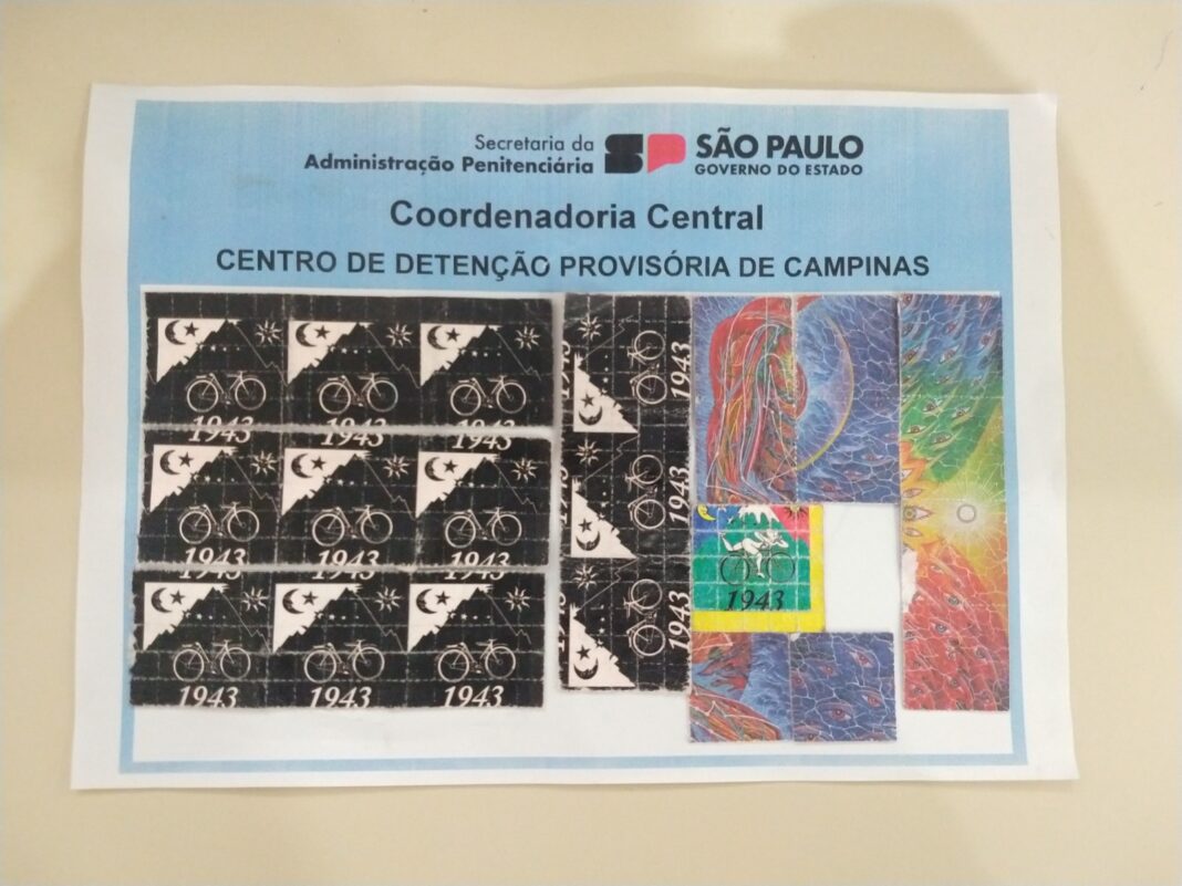 A foto mostra uma cartela com quadrados que seriam droga sintética e foi apreendida no CDP de Campinas