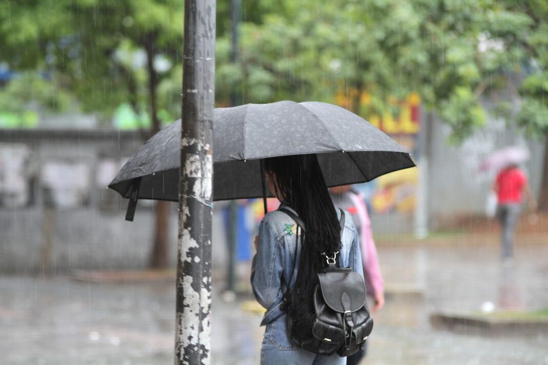foto mostra a parte de trás de uma mulher andando com um guarda-chuva em meio à chuva na cidade