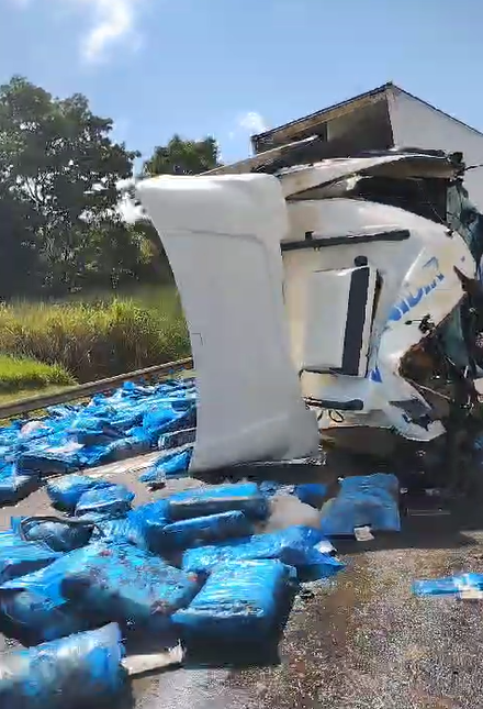 foto mostra carga de terra do caminhão caída na pista