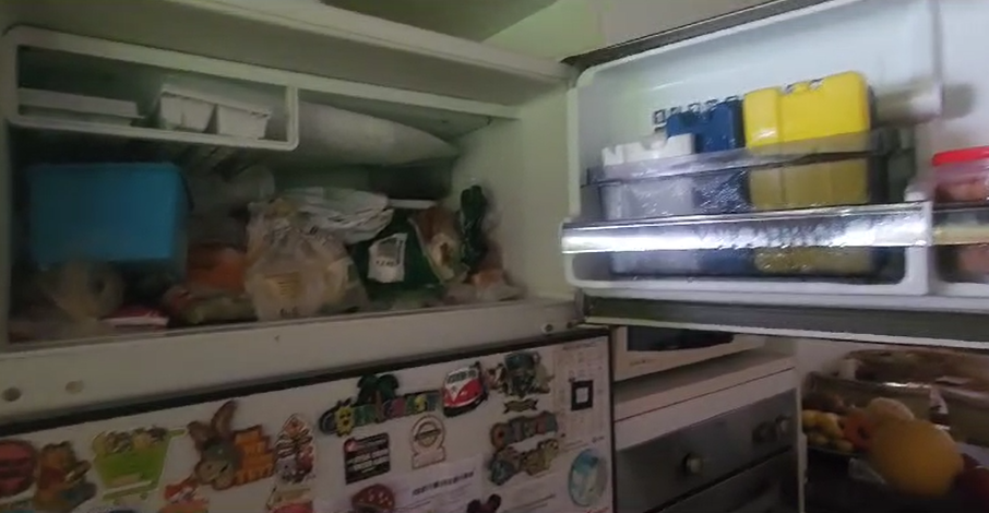 a foto mostra um freezer descongelando, com vários alimentos dentro