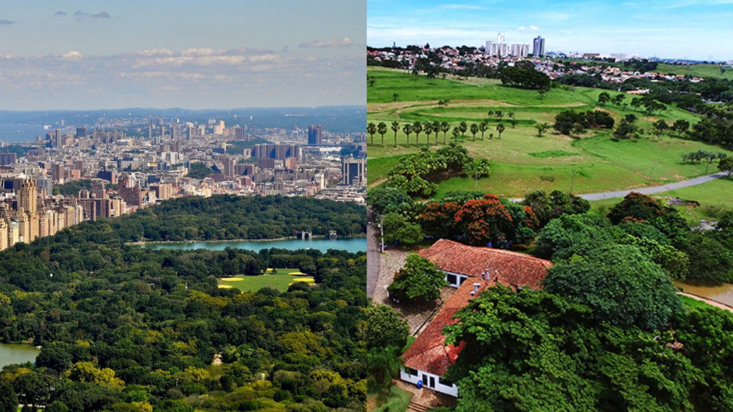 Vista aérea do Central Park, à esquerda, e do Parque Ecológico, à direita, citados no vídeo de Dário Saadi