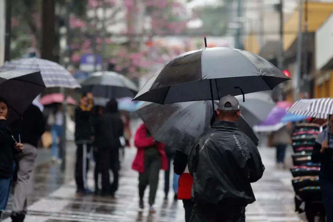 a foto mostra pessoas andando na chuva