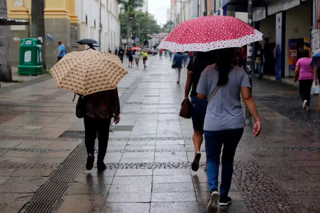 a foto mostra pessoas com guarda-chuva andando no centro de Campinas