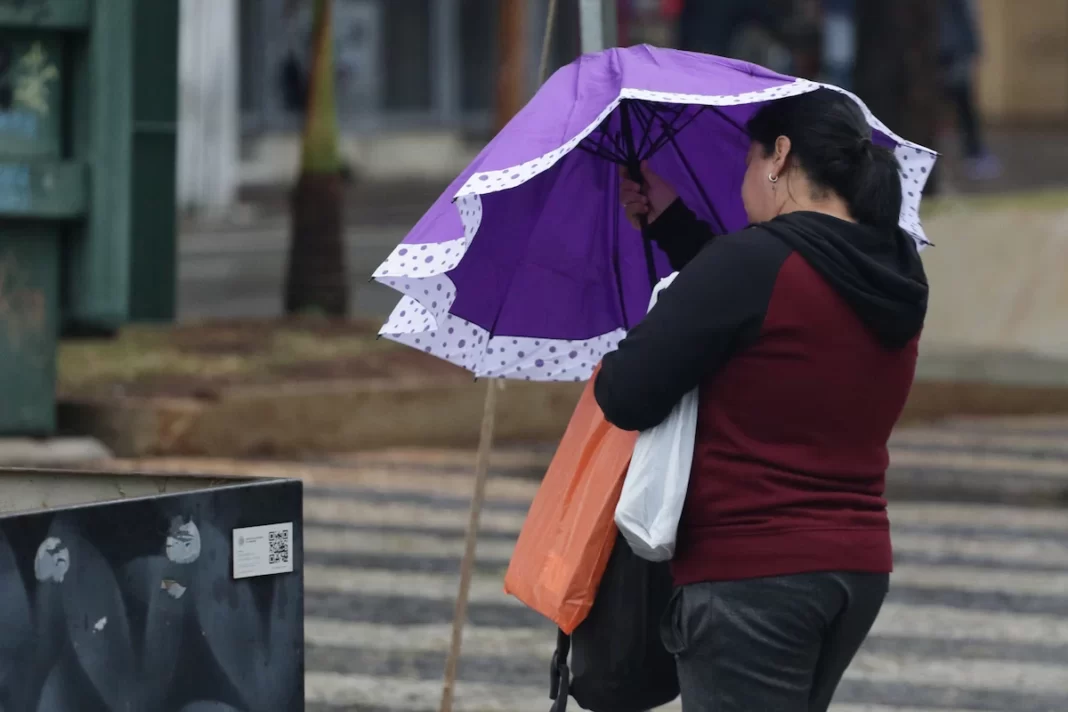 a foto mostra uma mulher abrindo o guarda-chuva - frente fria