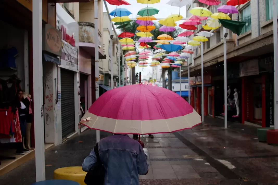 a foto mostra uma pessoa andando com guarda-chuva no centro de Campinas - chuvas intensas