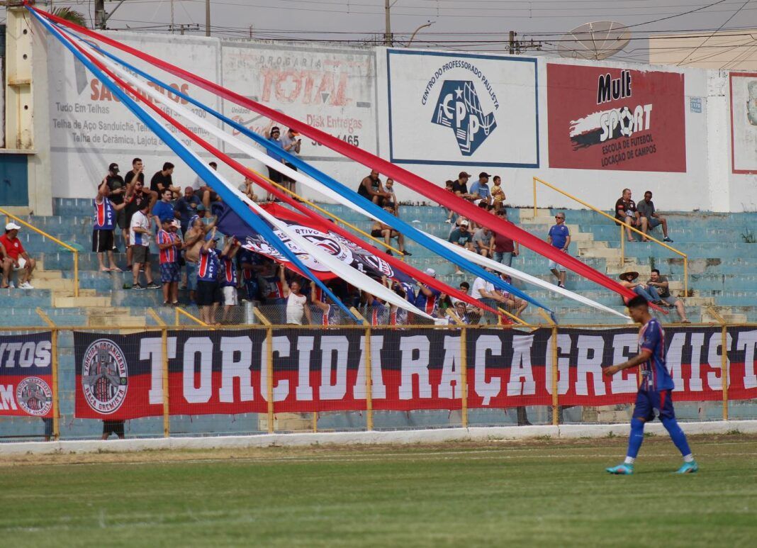 A foto mostra um campo de futebol com uma bandeira vermelha, branca e azul escrito Torcida Raça Grêmio