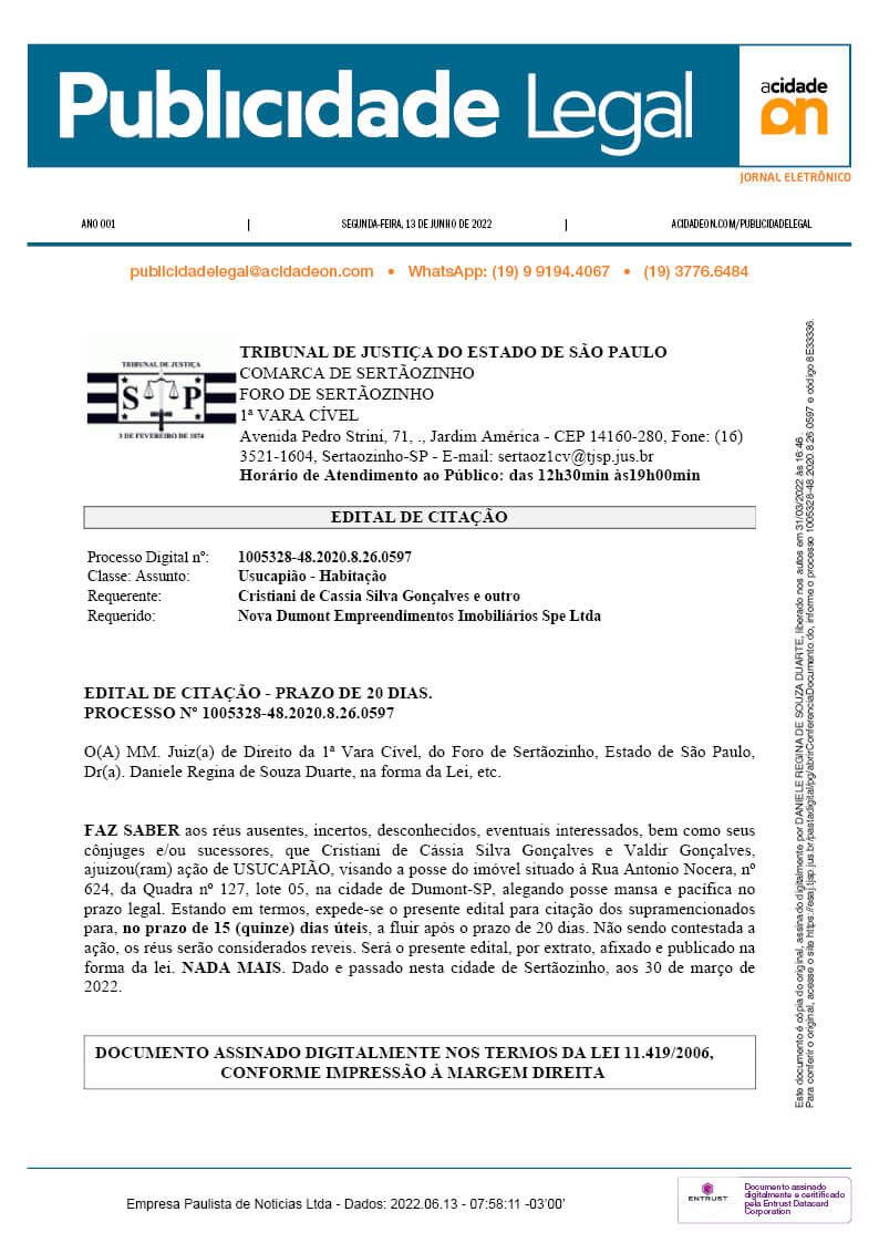 Arquivo PDF Publicidade Legal - 13 de junho de 2022