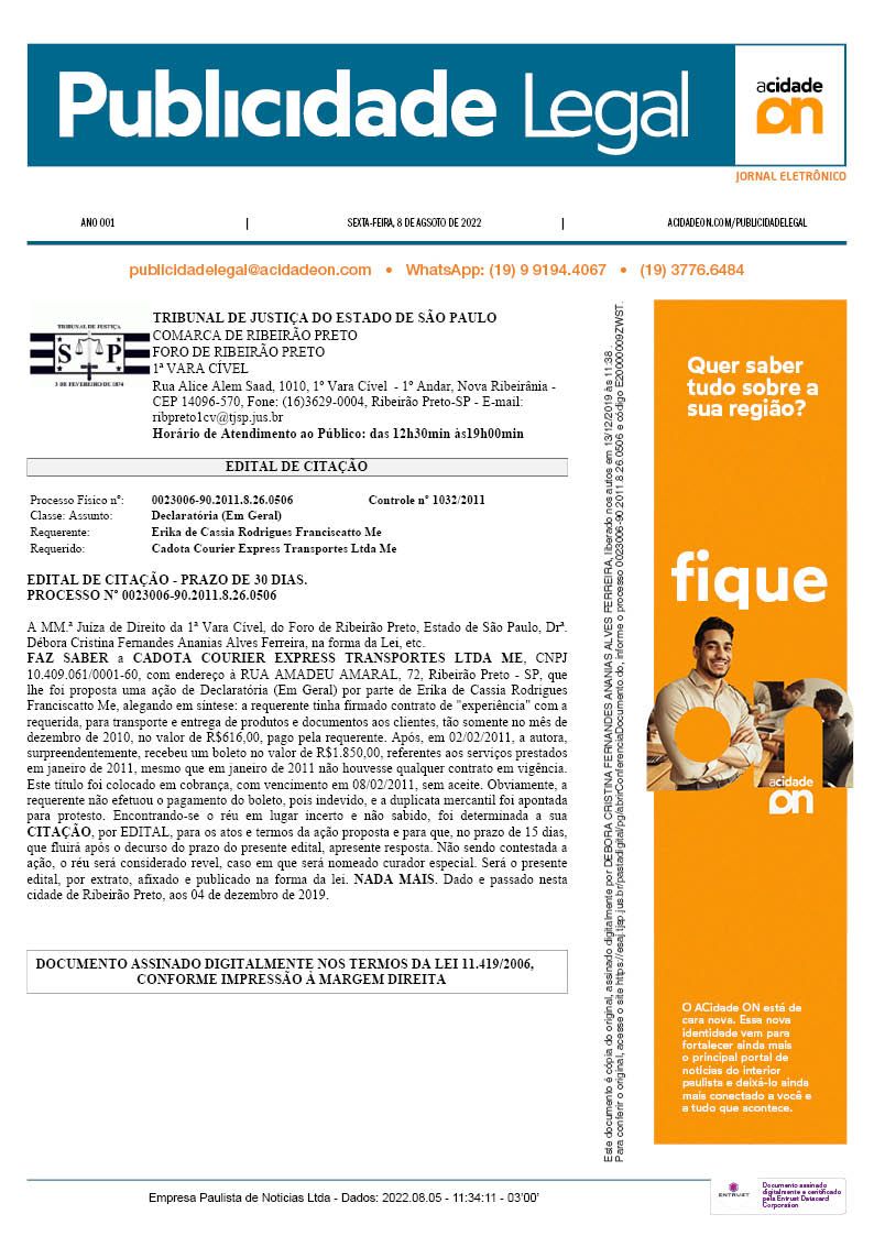 Arquivo PDF Publicidade Legal - 5 de agosto de 2022