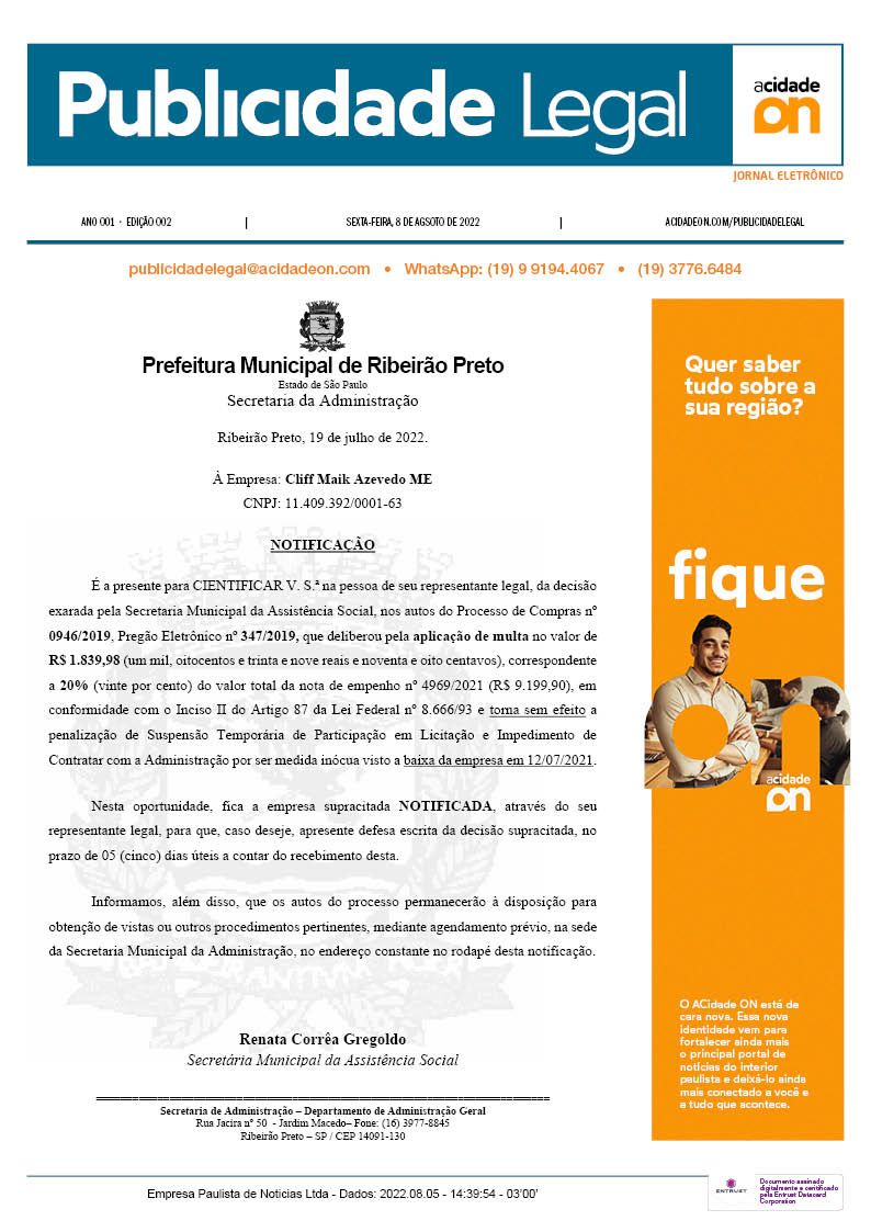 Arquivo PDF Publicidade Legal - 5 de agosto de 2022